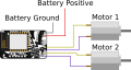 Motors are attached to M1 and M2 of the RoboPad in a simple 2-wheel Tank-Drive Robot.