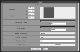 The left slider configuration - it's positioned on the left of the screen, with a default value of 0.5 and "reset" behaviour. This means that as the stick is dragged up and down it will emit values between 0 and 1, driving M1 backwards and forwards, and when released it will output 0.5, stopping the motor.