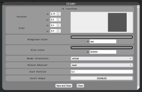 The right slider configuration - it's positioned on the right of the screen, with a default value of 0.5 and "reset" behaviour. This means that as the stick is dragged up and down it will emit values between 0 and 1, driving M2 backwards and forwards, and when released it will output 0.5, stopping the motor.